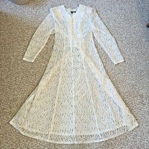Vintage Womens Lace Dress Size 8 M Cream Sheer Long Sleeve Romantic Light Fairy